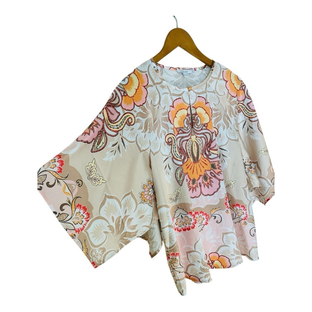 Chico's Pastel Scarf Print Satin Floral Keyhole Blouse Top 0 Small 4 - Picture 8 of 12